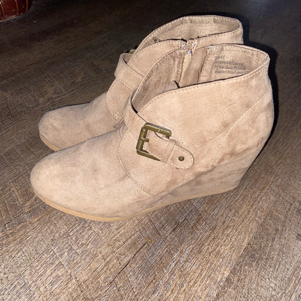 Dakotah faux suede buckle wedge bootie